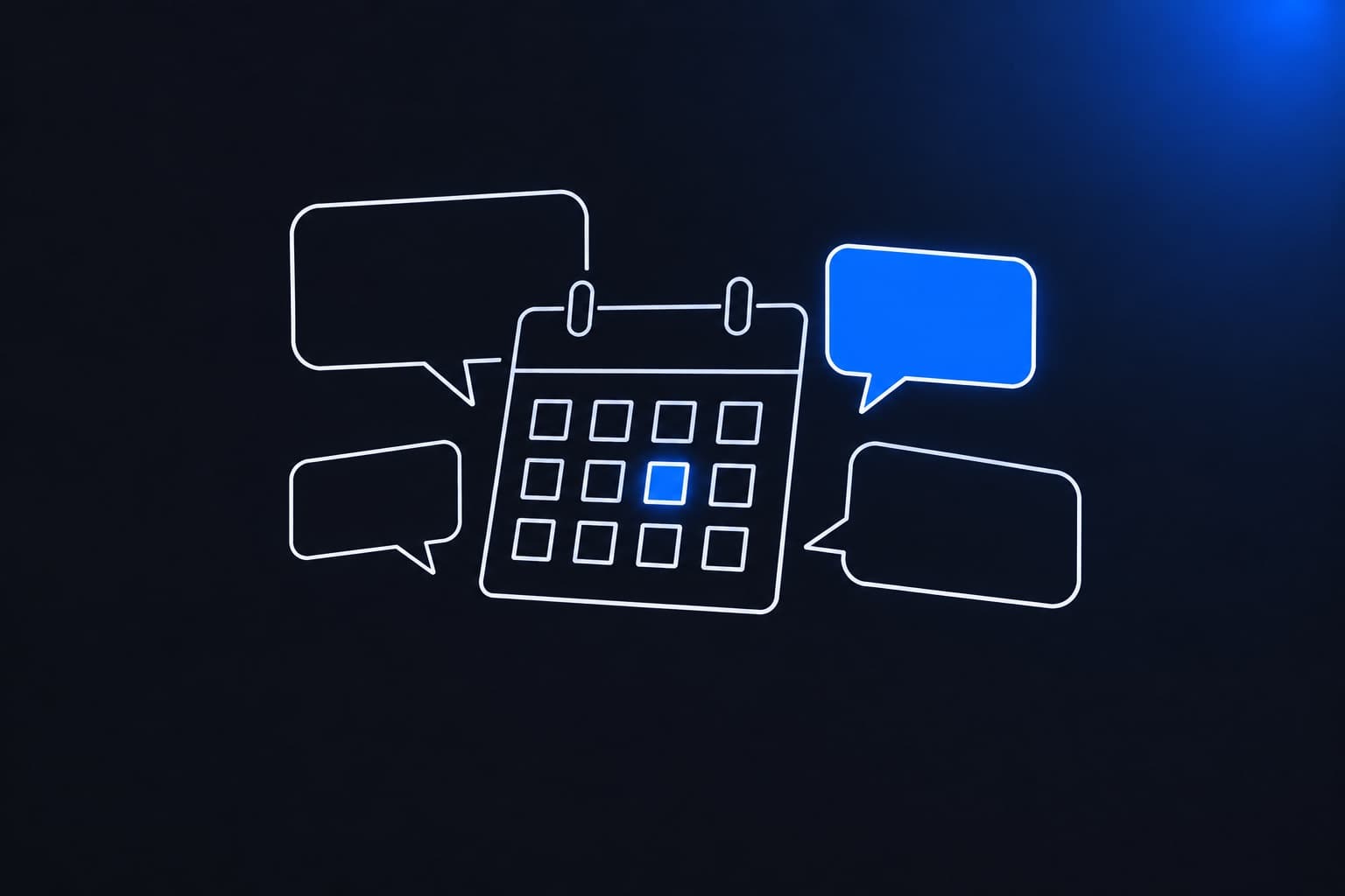 Illustration of four empty speech bubbles, one highlighted in blue, around a calendar with one day highlighted