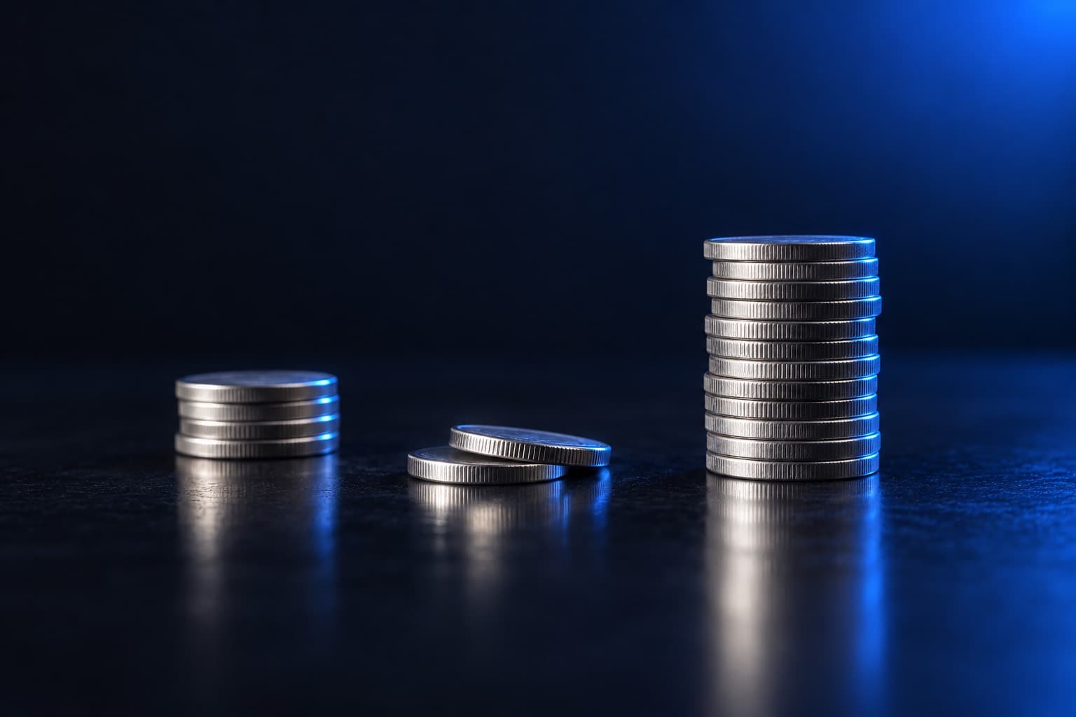 A short stack of silver coins and a taller stack, with two coins taken off the taller stack and set down between them