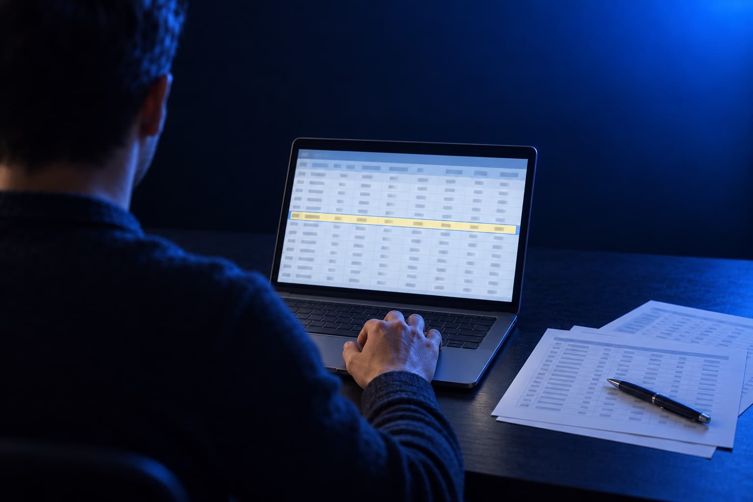 A person at a desk, seen from behind, looking at a spreadsheet on a laptop with one row highlighted, next to printed tables and a pen