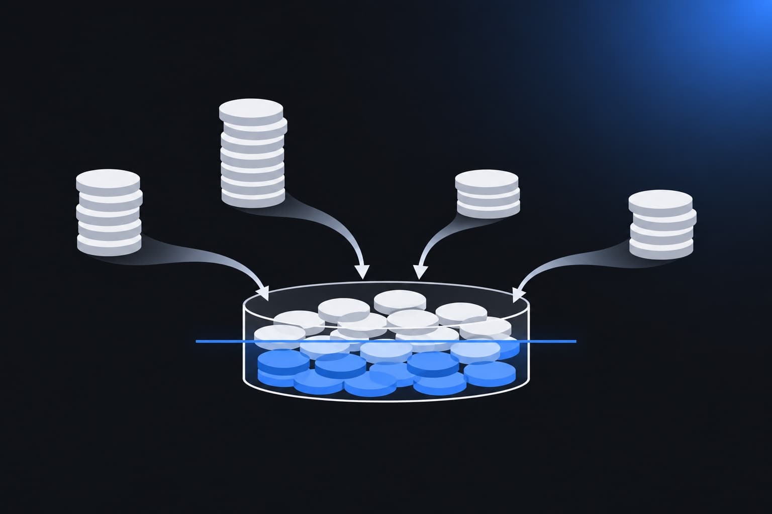 Illustration of stacks of shares pouring into a single pool with an average level