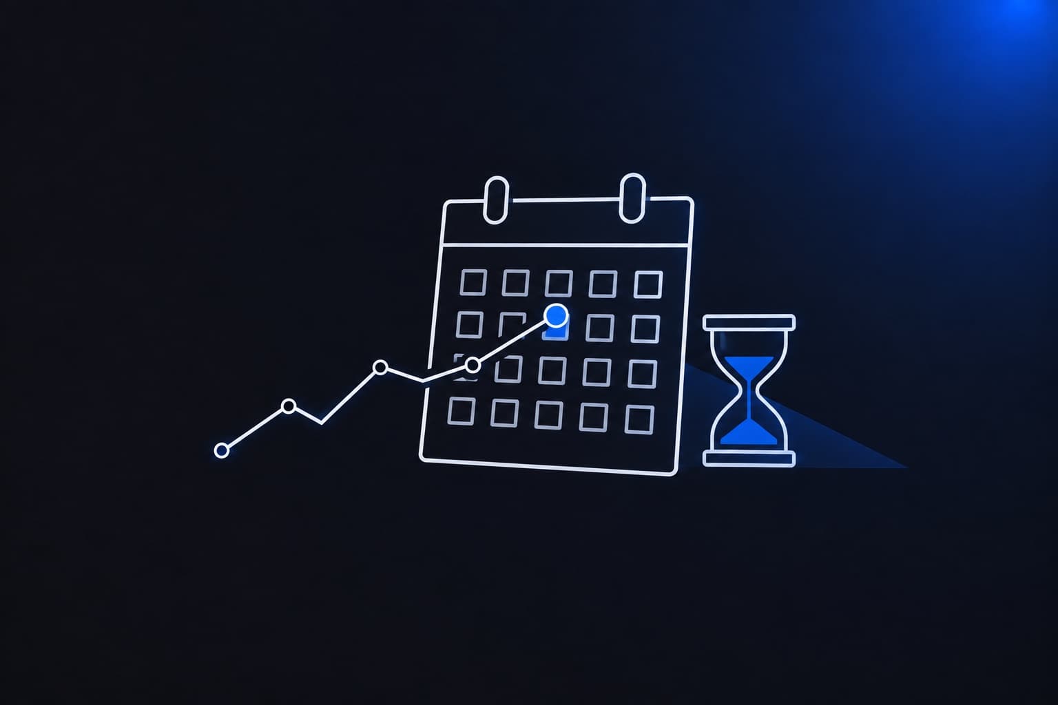 Illustration of a calendar with one day highlighted, a rising share price line reaching that day, and an hourglass